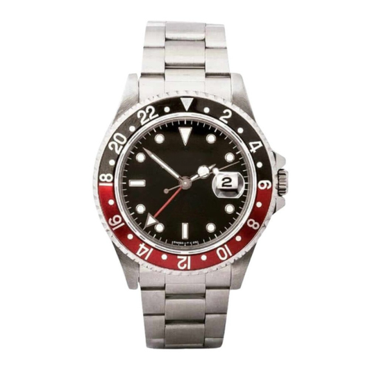 Dual Time 40 – Black Dial | Steel Bracelet & Red-Black 24H Bezel