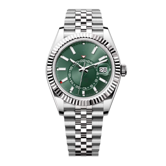 Global Traveller 42 – Green Sunburst Dial | Stainless Steel Jubilee Bracelet & Fluted Bezel